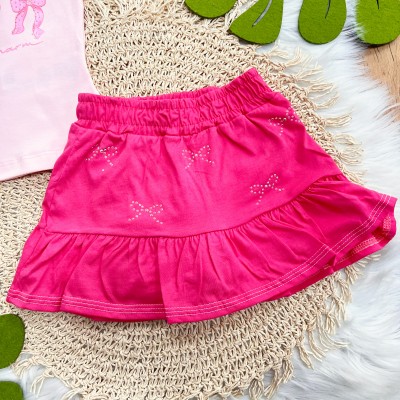 Conj. Regata Lacinhos e Short Saia com Strass - Rosa